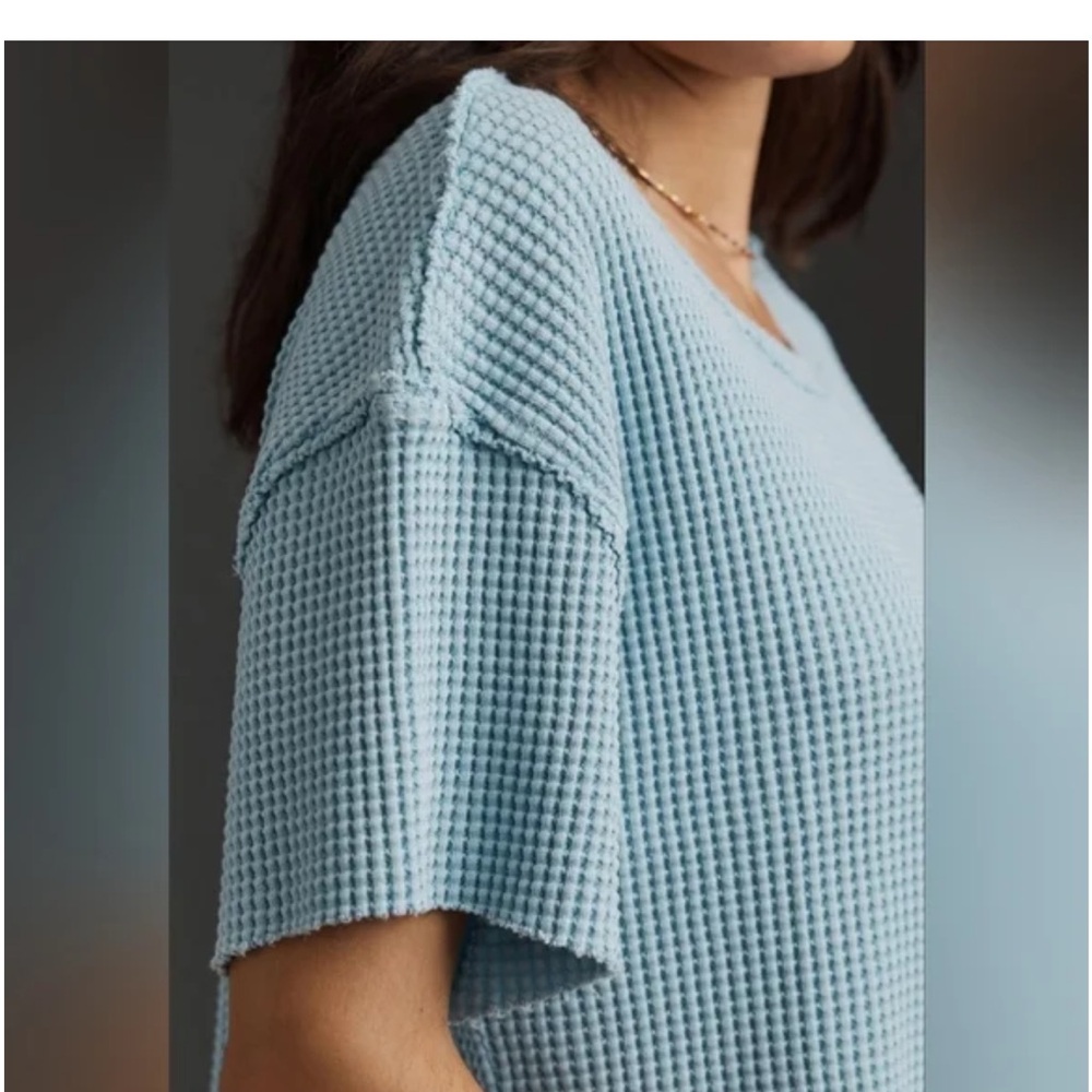 Anthropologie Pilcro Small Light Blue Waffle Knit Oversized Crop Tee NWT - Picture 3 of 11